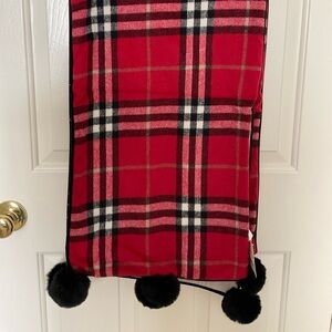 Red Plaid table runner with velvet edging and Pom poms.
